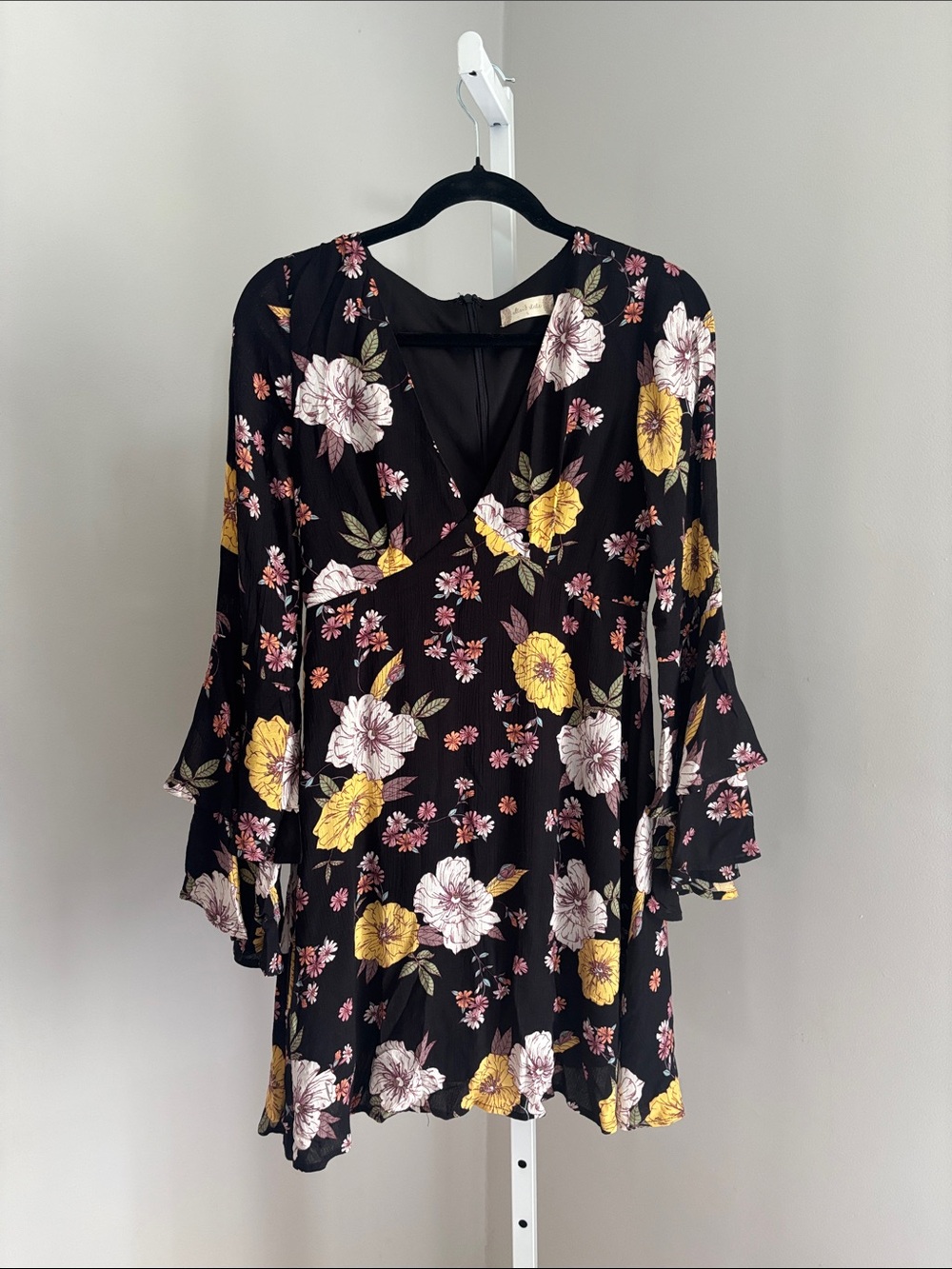Altar'd State Juliette Boho Dress Black Floral Tiered Ruffle Bell Sleeves Sz S